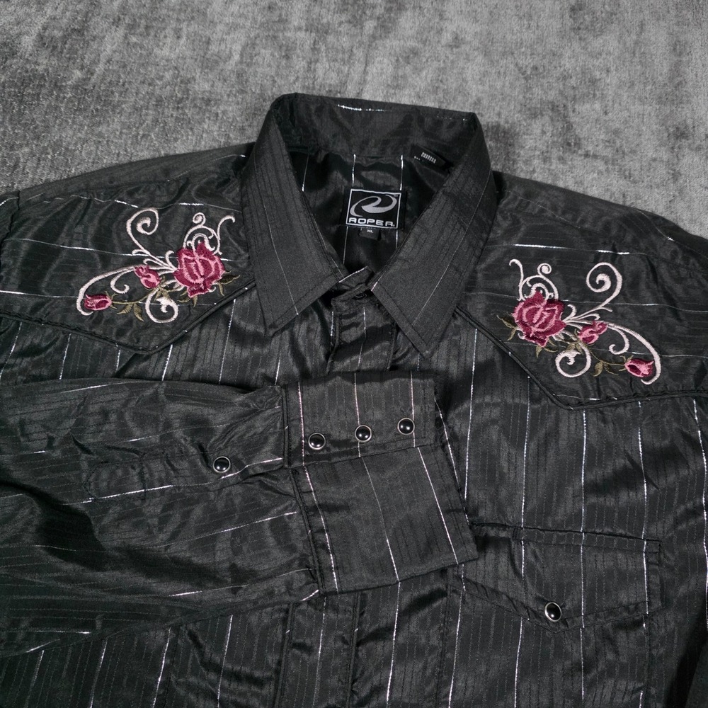 Roper Mens XL Black Metallic Pinstripe Rose Embroidered Western Snap Shirt Rodeo